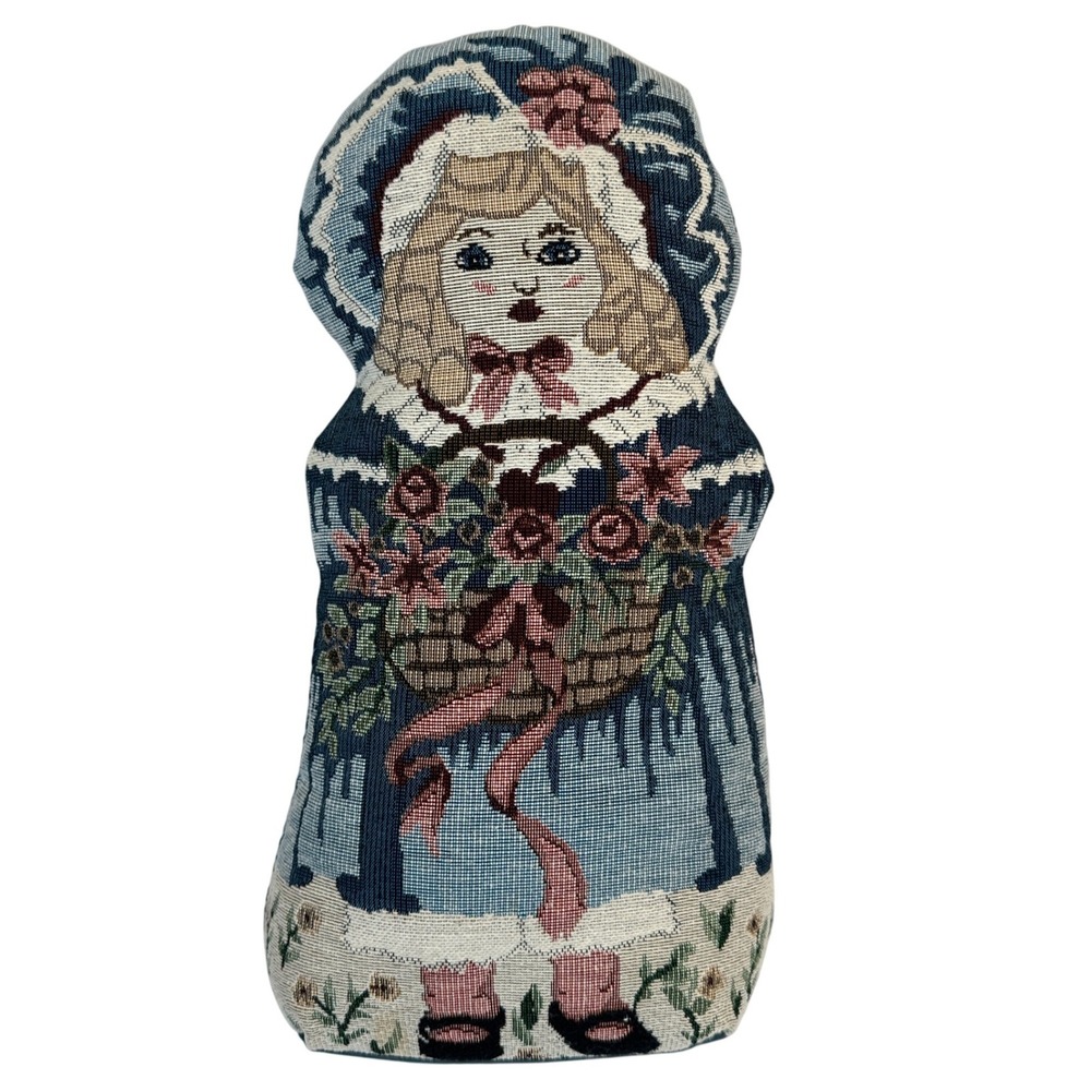 Vintage Tapestry Weight Door Stop Girl Flower Blue Cottagecore Grandma Granny